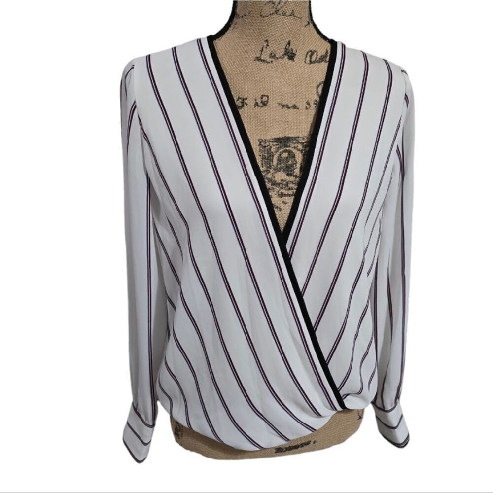 White House Black Market Striped Surplice Wrap Blouse White Navy Red 2